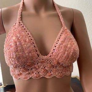 Knit festival boho crop top peach/pink cotton